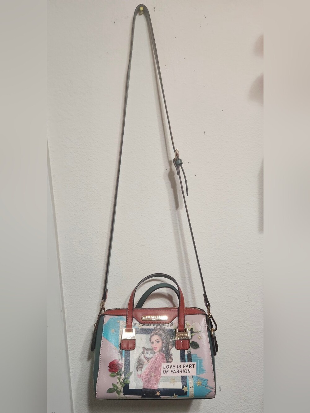 Nicole Lee Pink & Teal Illustrated Satchel Crossbody with Cell Phone Case - Picture 2 of 7
